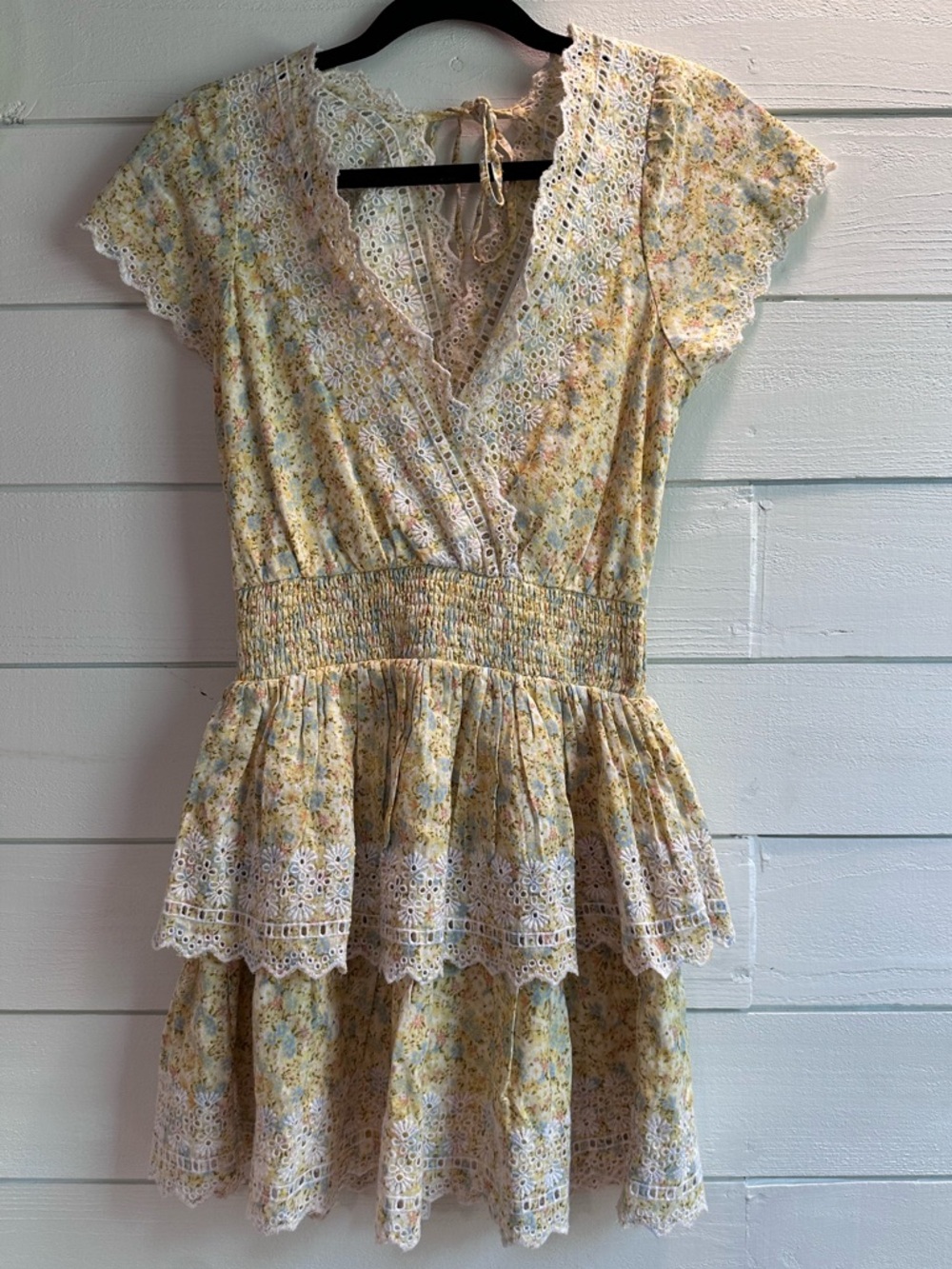 American Eagle Outfitters Yellow Floral Eyelet Tiered Mini Dress